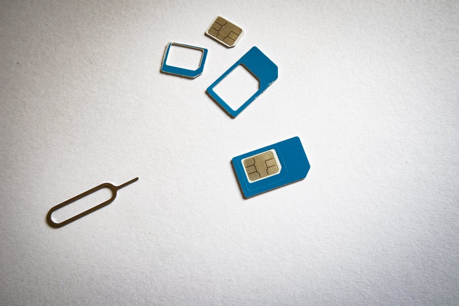 Close-up of SIM cards and ejector tool on white background, emphasizing telecommunication technology