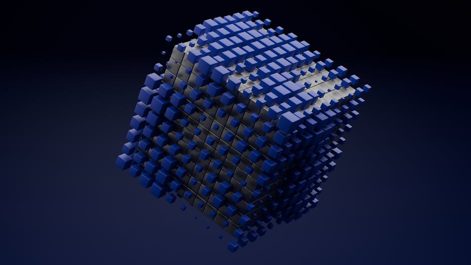 A 3D abstract cube made of blue blocks floating on a dark background